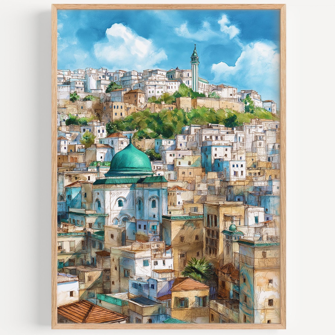 Algiers Algeria Whitewashed Old Town Hillside Mosque Watercolor Travel Poster
