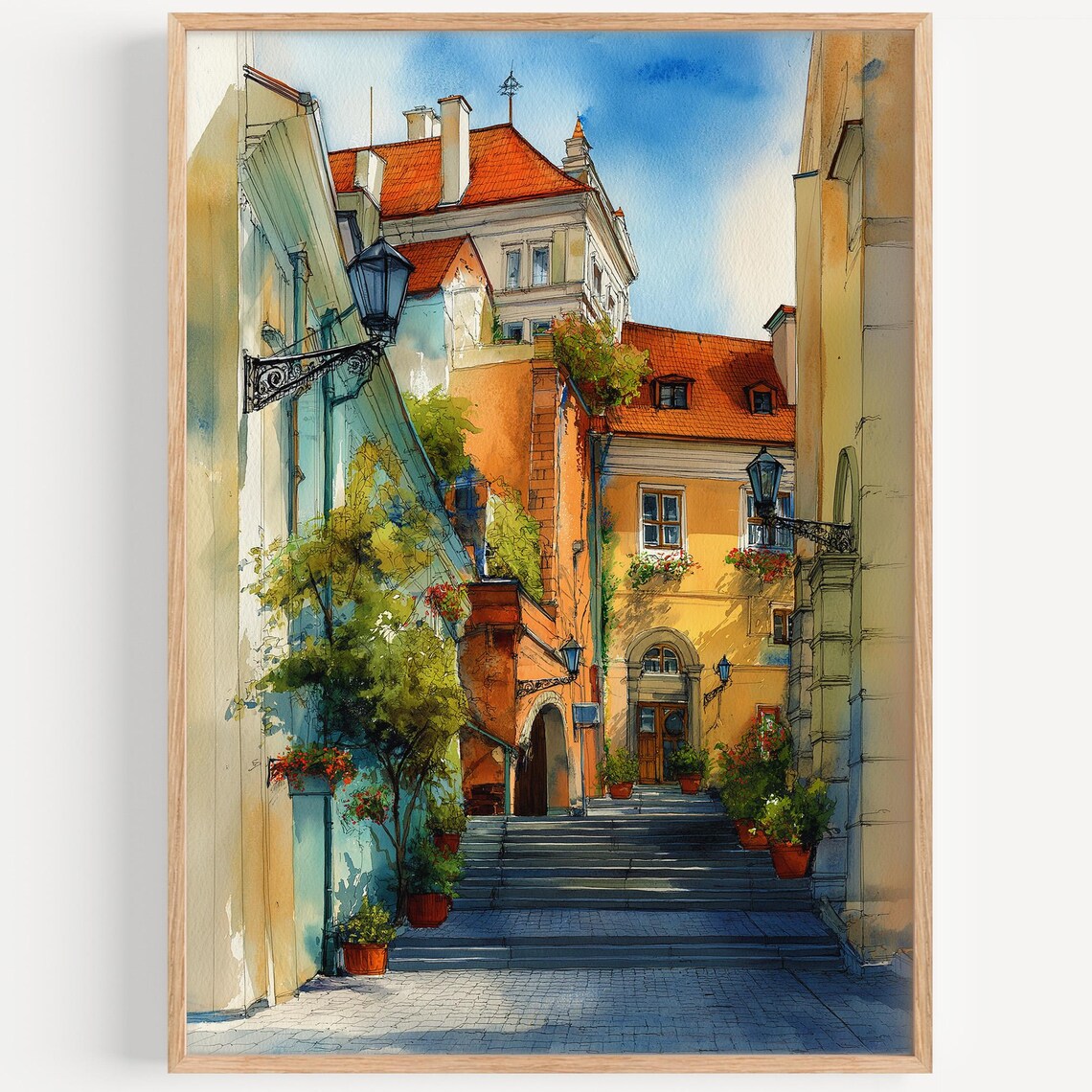 Vilnius Lithuania Old Town Stairs Cobblestone Watercolor Travel Poster