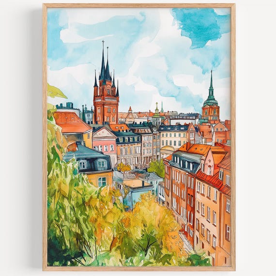 Gothenburg Watercolor Painting Wall Art Print Travel Poster Sweden Decor Illustration Home