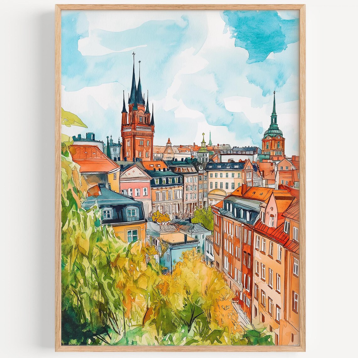 Gothenburg Watercolor Cityscape With Church Towers And Rooftops Poster