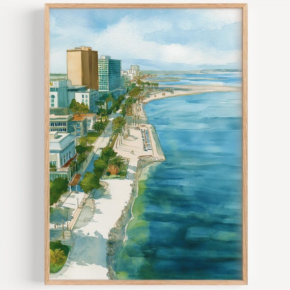 Long Beach Watercolor Painting Wall Art Print Travel Poster Decor Illustration Home