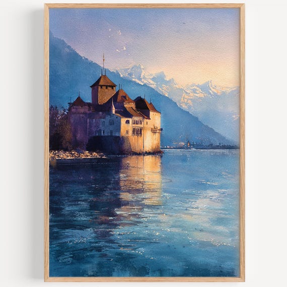 Montreux Watercolor Painting Wall Art Print Travel Poster Switzerland Decor Illustration Home