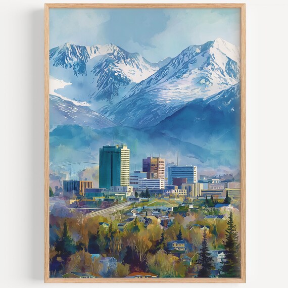 Anchorage Alaska City Skyline With Snowy Mountains Watercolor Art Poster