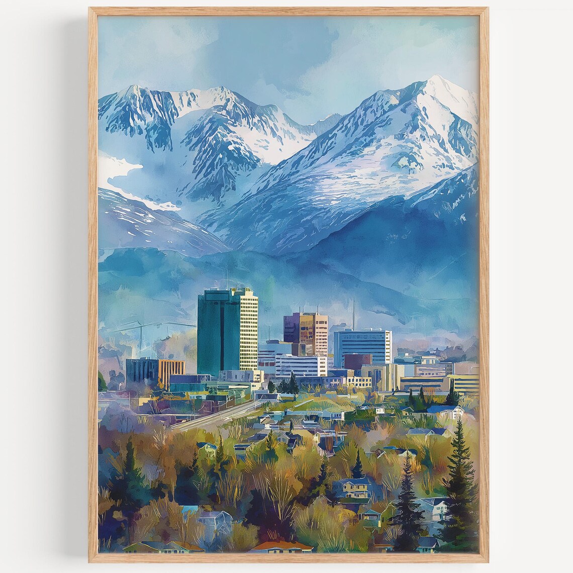Anchorage Alaska City Skyline With Snowy Mountains Watercolor Art Poster
