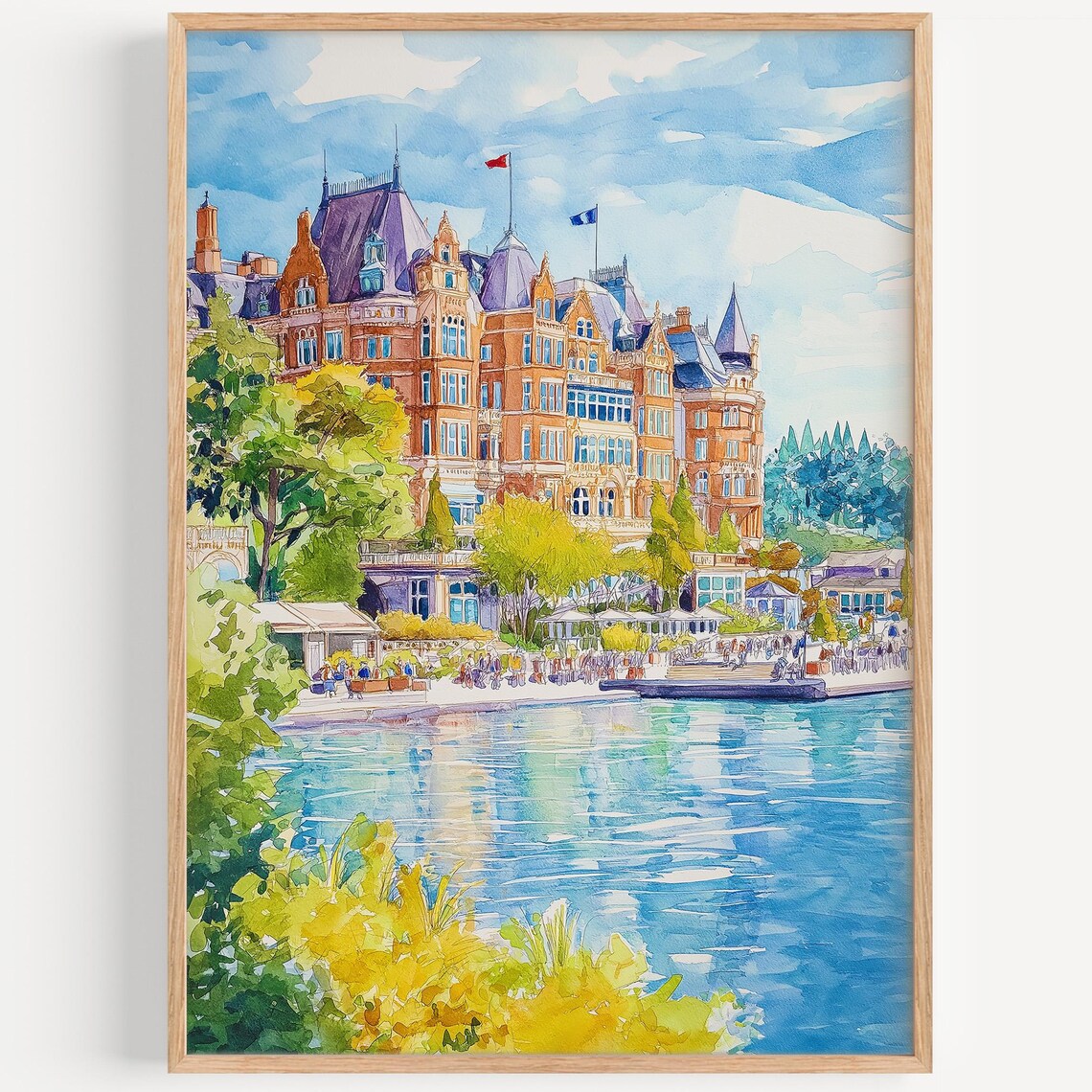 Grand Historic Waterfront Hotel Watercolor Travel Art Poster
