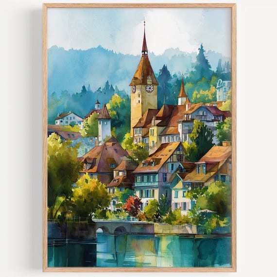 Zug Watercolor Painting Wall Art Print Travel Poster Switzerland Decor Illustration Home