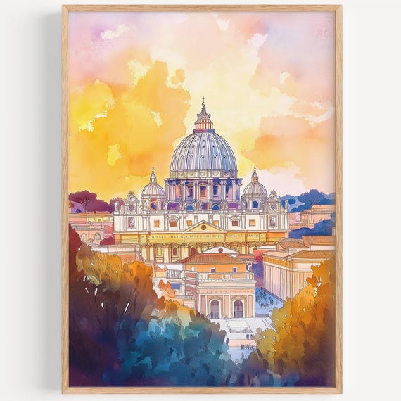 St Peters Basilica Watercolor Painting Wall Art Print Travel Poster Decor Illustration Home