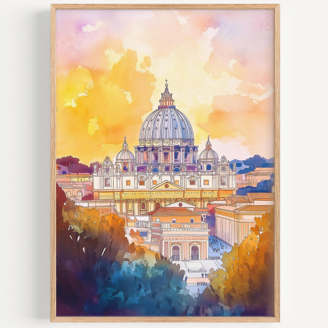 St Peters Basilica Vatican Sunset Watercolor Rome Landmark Poster