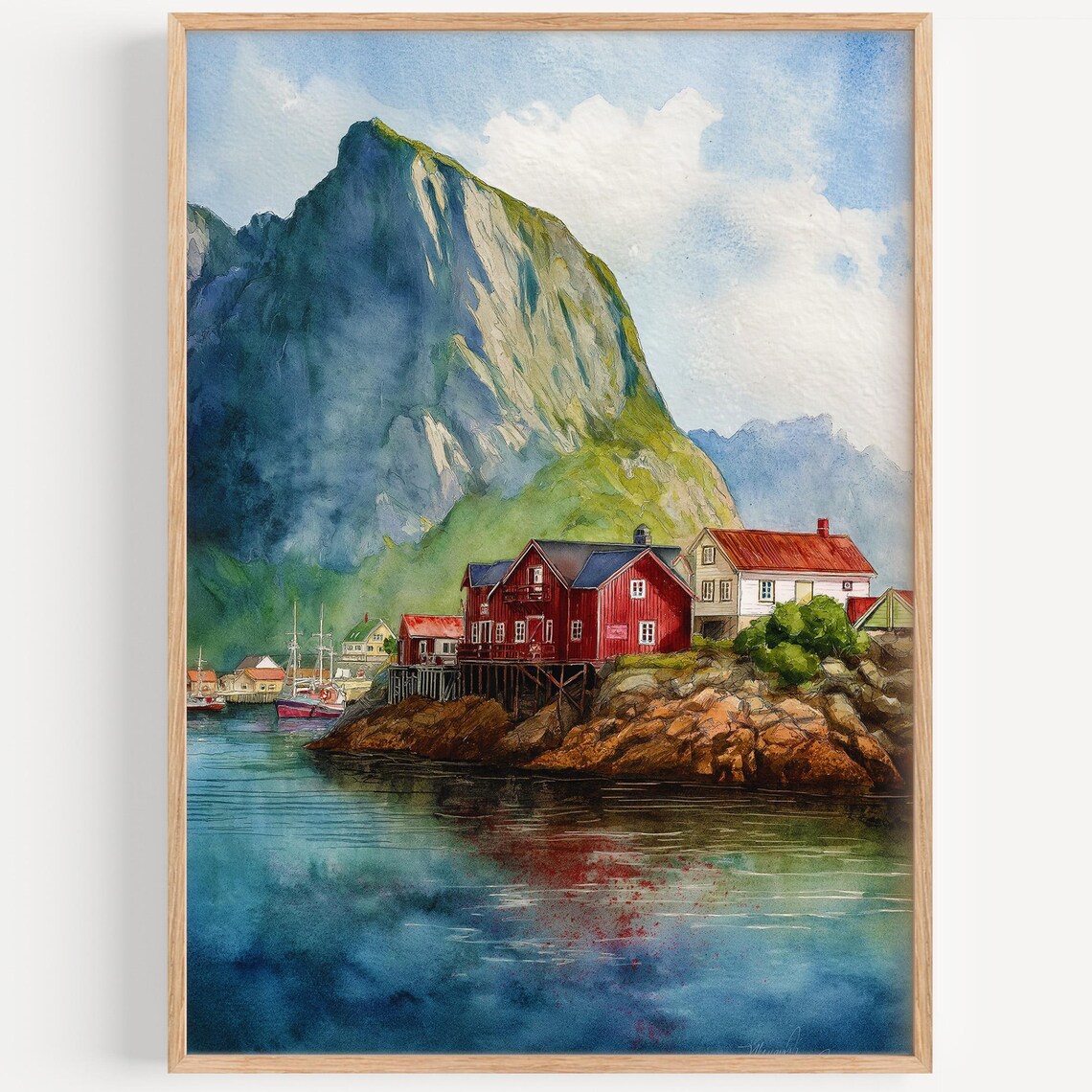 Lofoten Islands Red Fishing Cabins Harbor Watercolor Travel Print