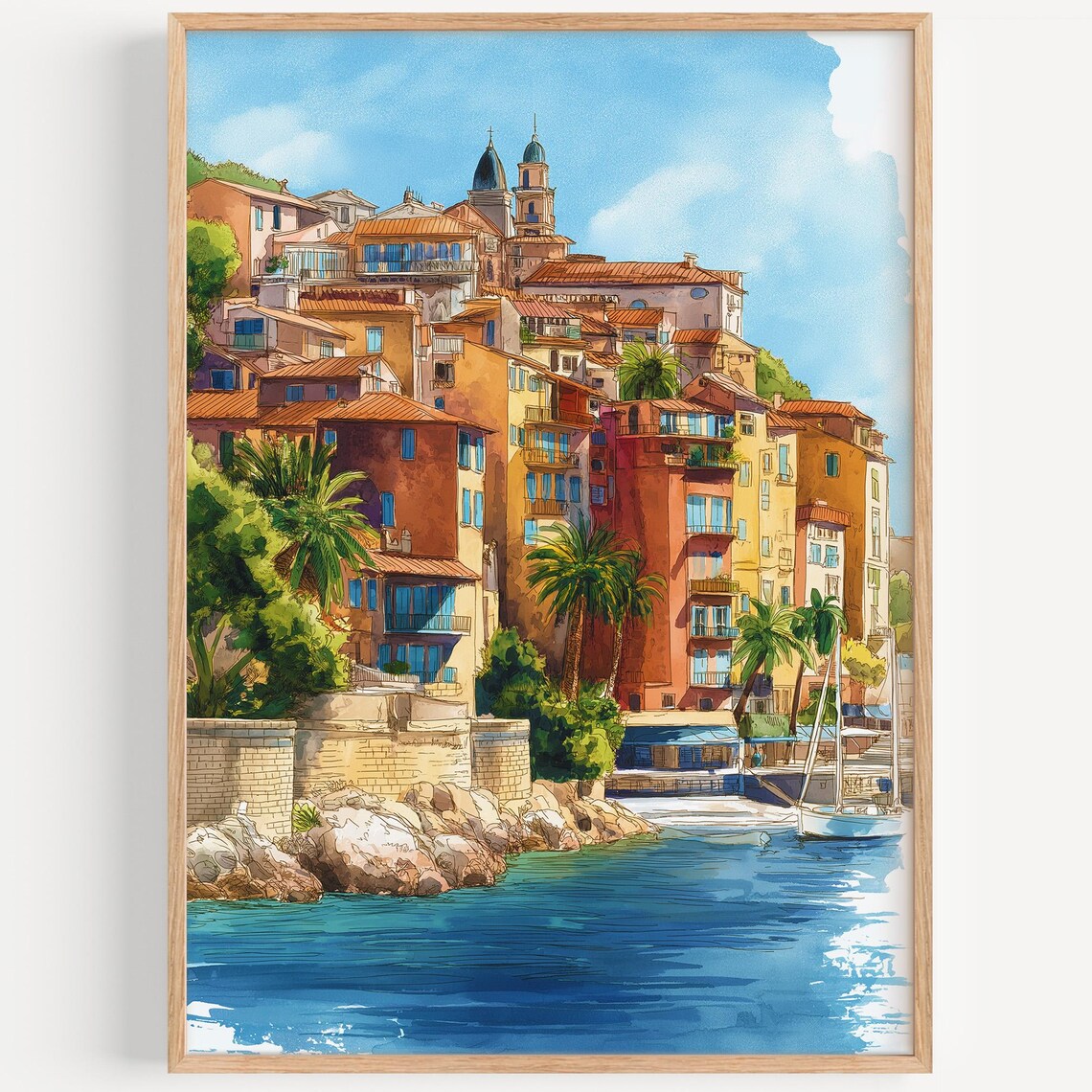 French Riviera Watercolor Travel Poster, France Decor