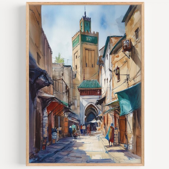 Medina Of Fez Morocco Souk Street Minaret Archway Watercolor Travel Poster