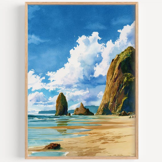 Cannon Beach Watercolor Painting Wall Art Print Usa Travel Poster Oregon Decor Illustration Home
