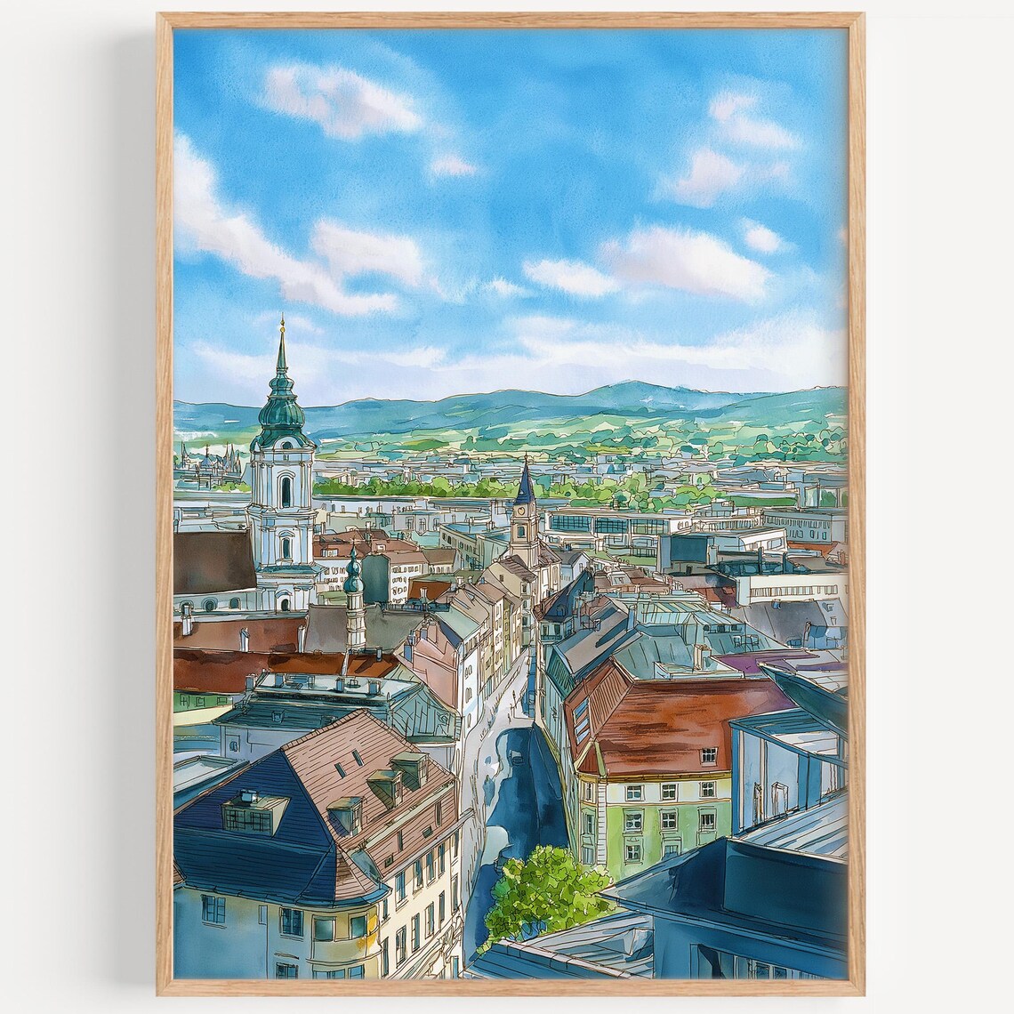 Linz Austria Old Town Rooftops Watercolor Cityscape Travel Poster