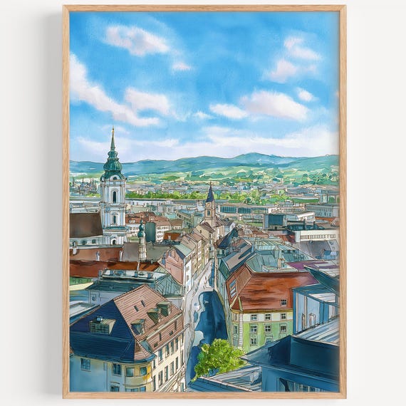 Linz Watercolor Painting Wall Art Print Austria Travel Poster Decor Illustration Home