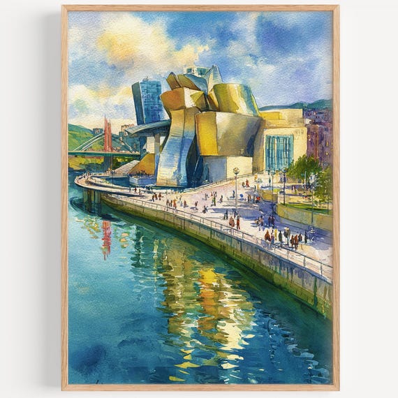 Bilbao Watercolor Painting Wall Art Print Spain Travel Poster Decor Illustration Home