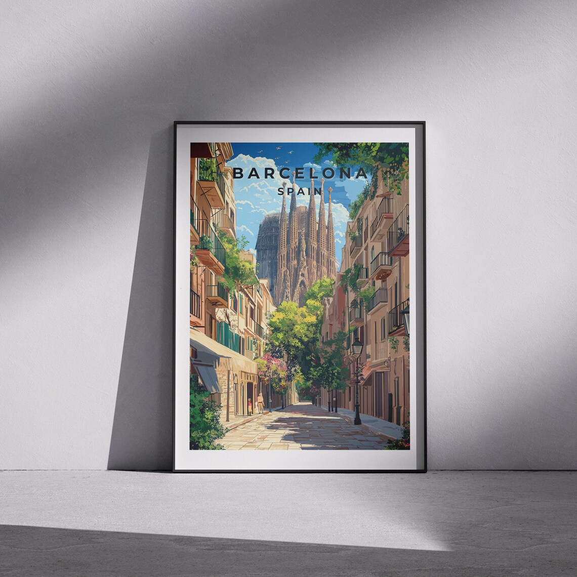 Barcelona Sagrada Familia Street Scene Spain Illustration Poster