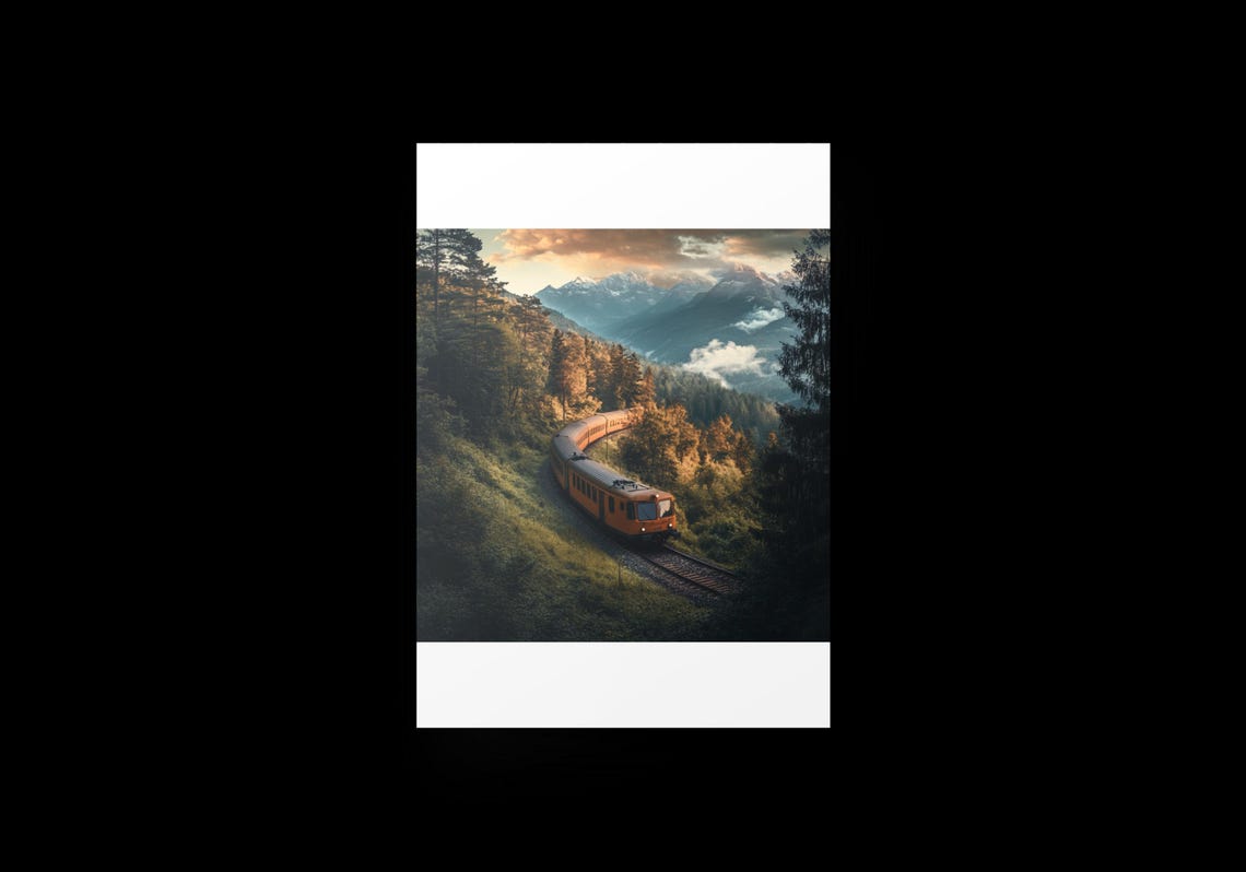 Orange Train Mountain Valley Sunset Scenic Railway Journey Poster - Image 2
