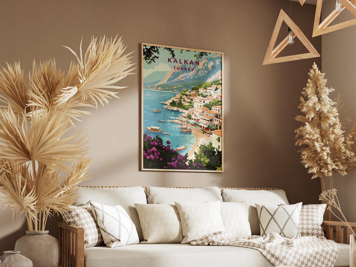 Kalkan Turkey Coastal Town Harbor Vintage Illustration Poster - Image 3