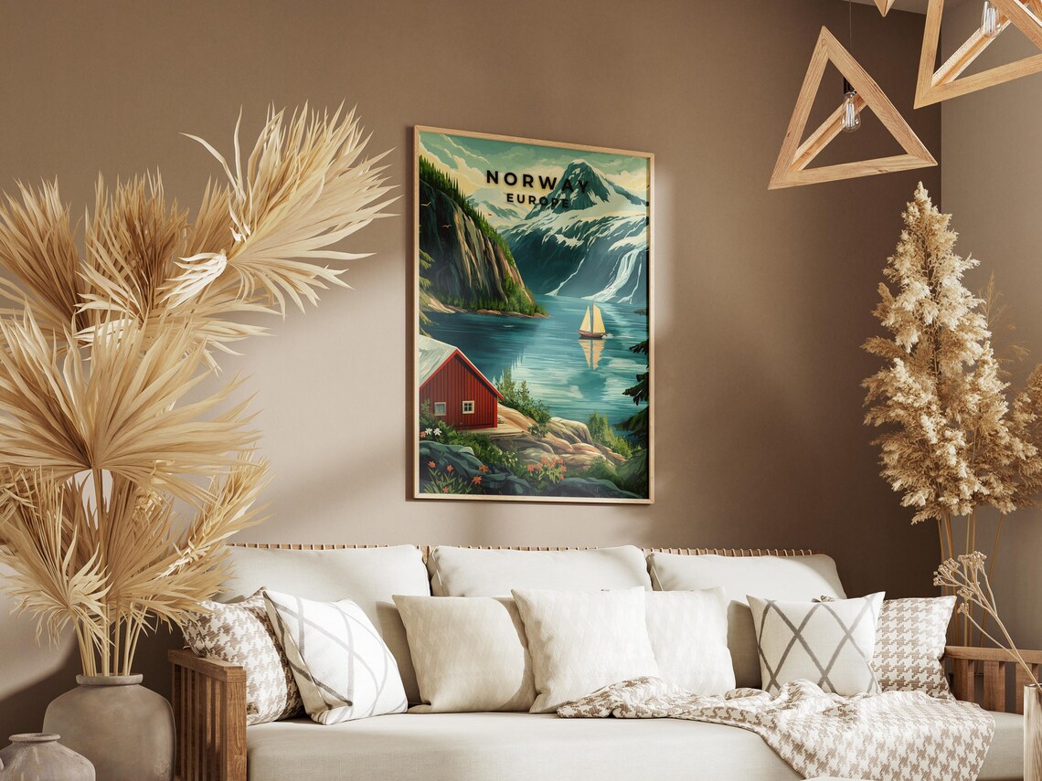 Norway Fjord Scandinavia Travel Poster with Red Cabin and Sailboat - Image 3