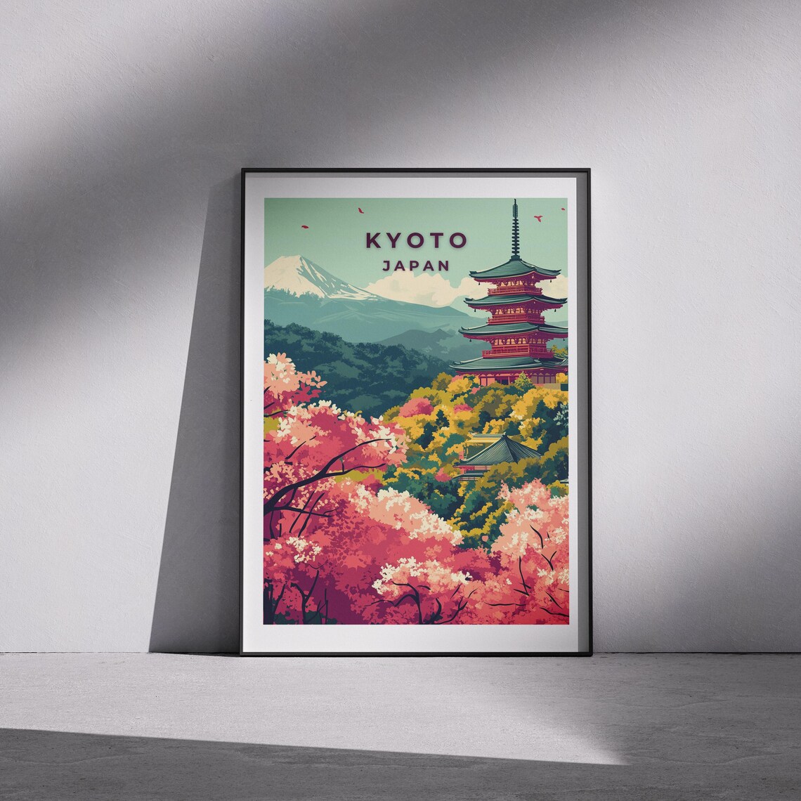 Kyoto Japan Cherry Blossom Pagoda Mount Fuji Travel Art Poster