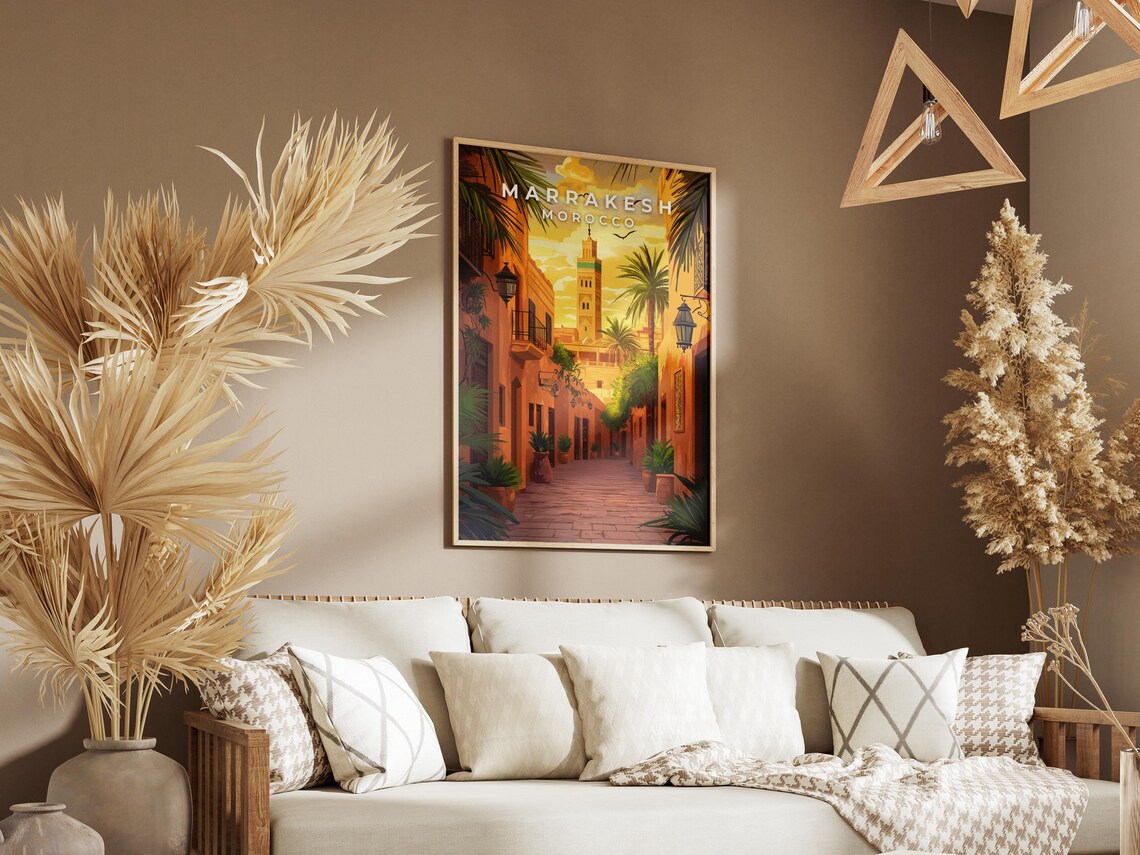 Marrakesh Morocco Medina Street Minaret Sunset Illustration Poster - Image 2