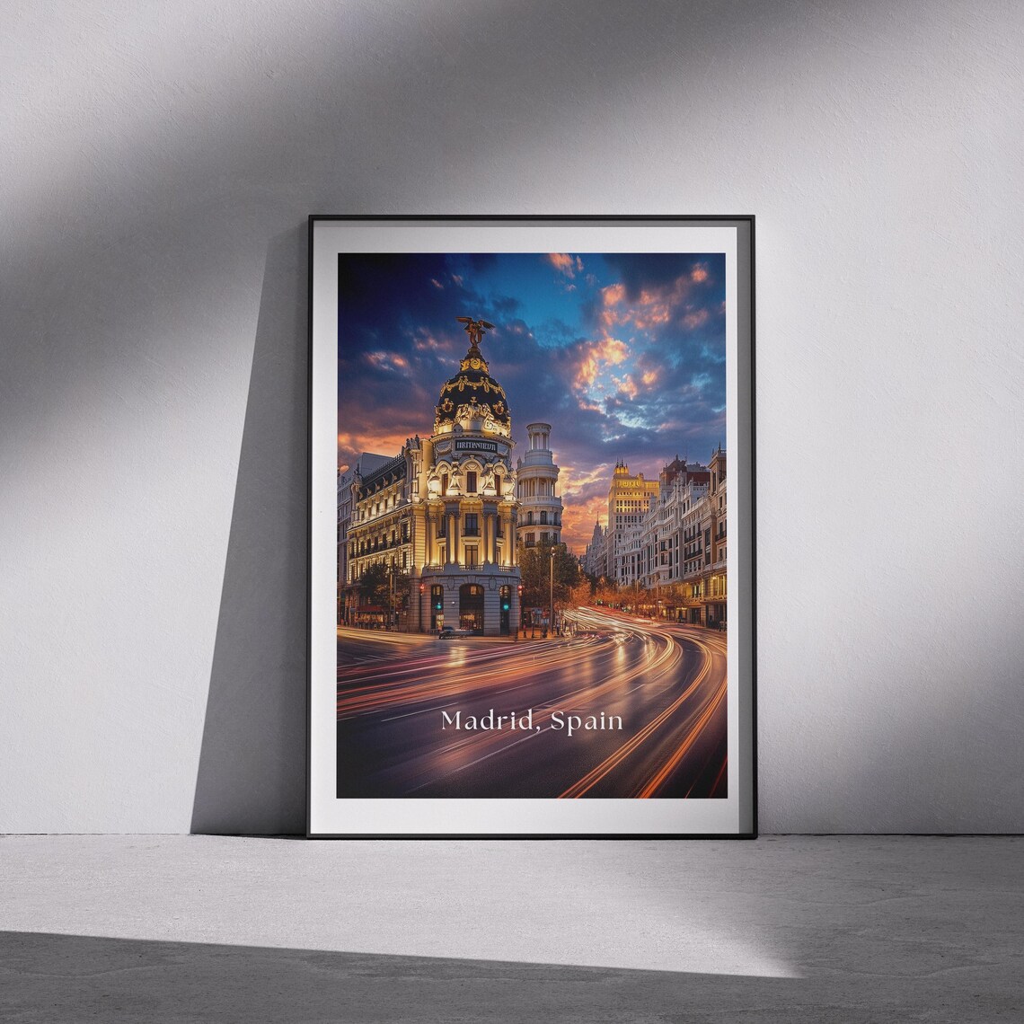 Madrid Travel Poster Gran Va At Night Spain Cityscape Wall Art European Architecture Print Luxury Travel Decor Spain Travel Gift