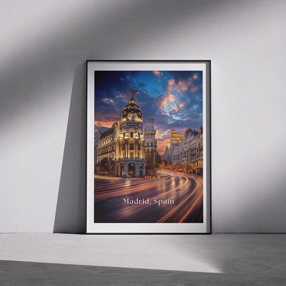 Madrid Travel Poster Gran Va At Night Spain Cityscape Wall Art European Architecture Print Luxury Travel Decor Spain Travel Gift