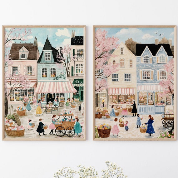Whimsical Easter Town Art Print, Vintage Folk Style