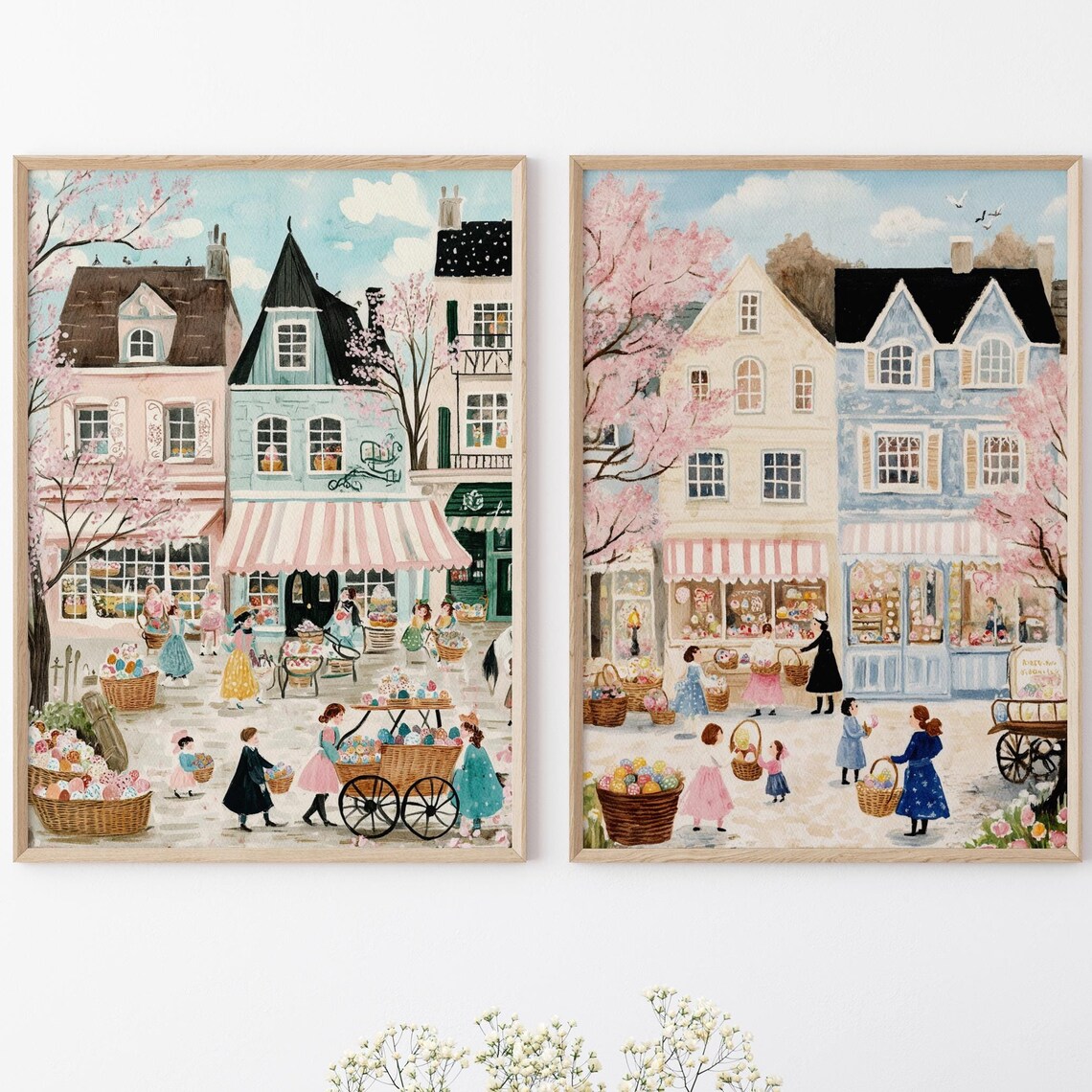 Whimsical Easter Town Art Print, Vintage Folk Style