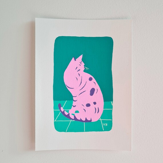 Pink Spotted Cat Original Acrylic Painting Teal Modern Decor Poster