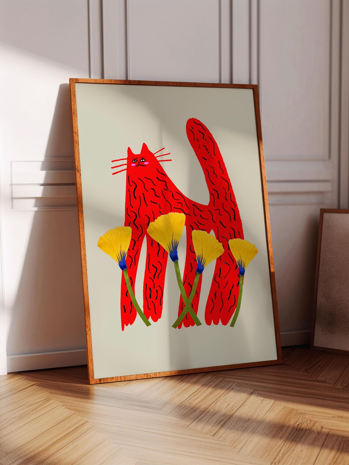 Cat and Tulips Art Print, Floral Wall Decor