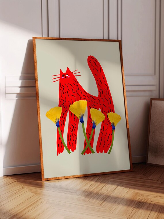 Cat and Tulips Art Print, Floral Wall Decor