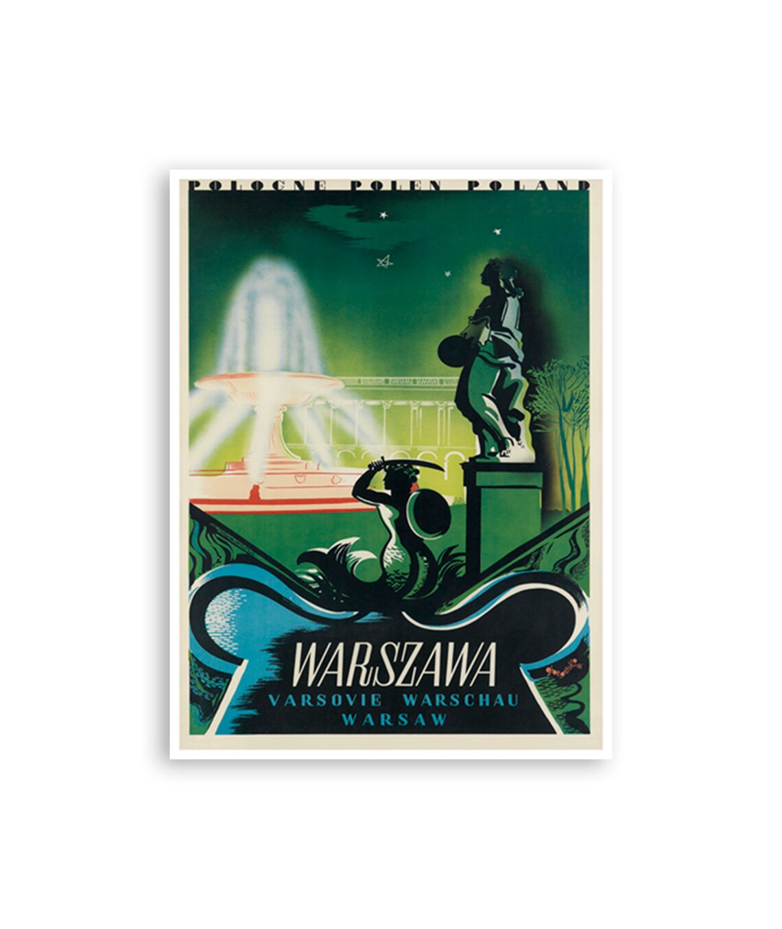 Warszawa Poland Warsaw Mermaid Fountain Night Vintage Travel Poster