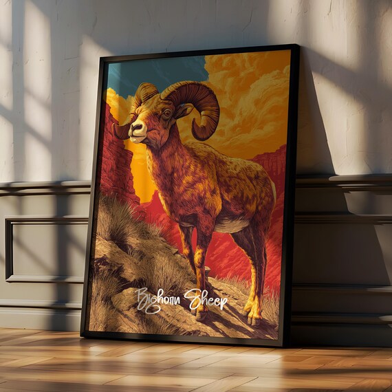 Bighorn Sheep Ram in Desert Canyon at Sunset Wildlife Poster