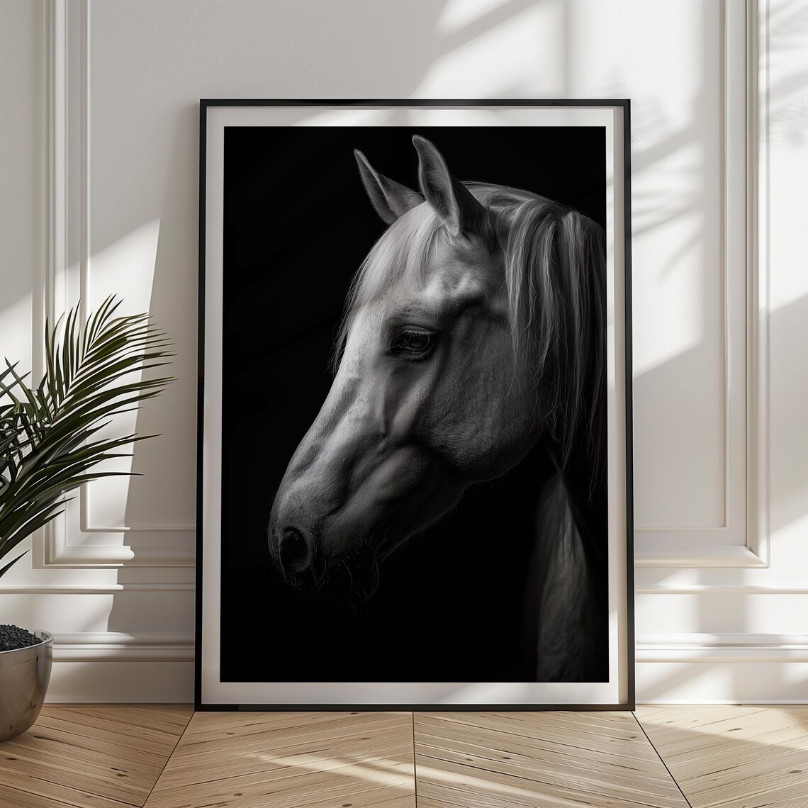Black and White Horse Portrait Elegant Equine Photography Art Print
