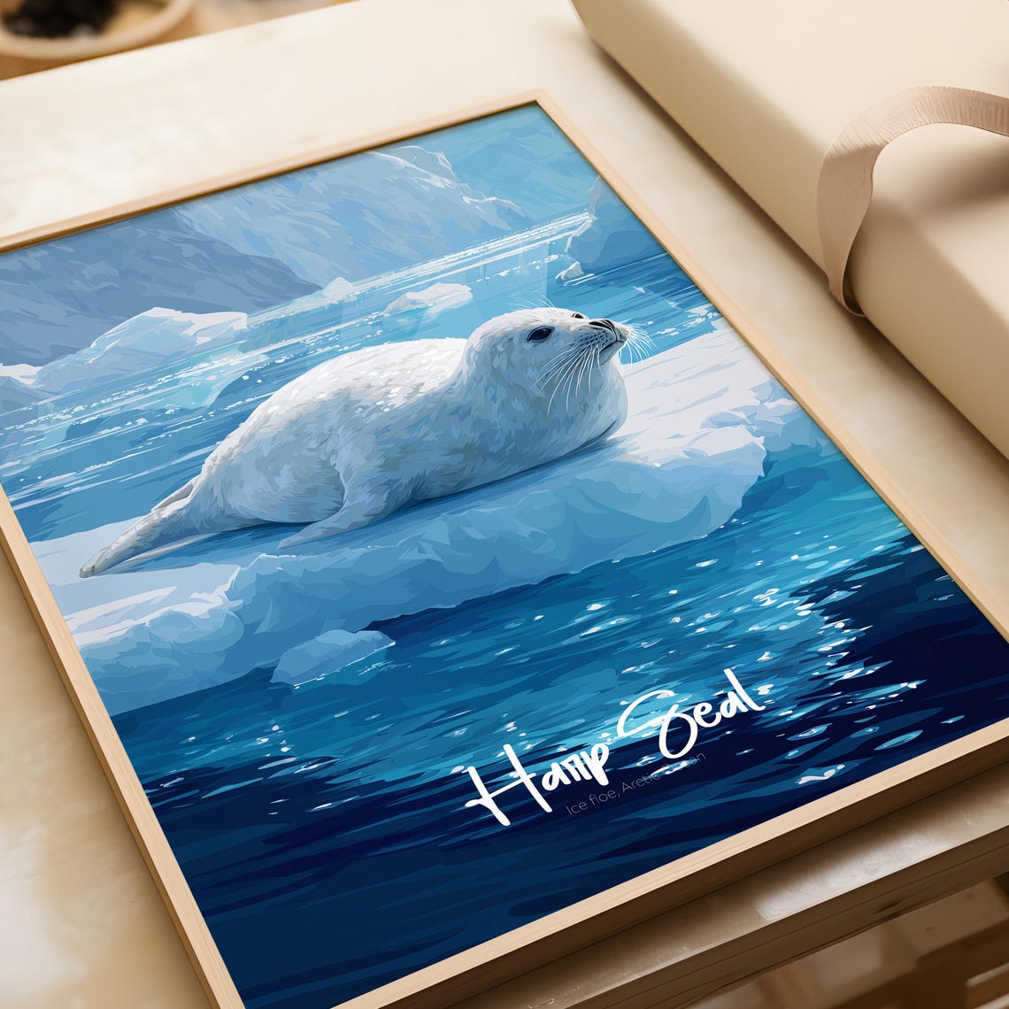 Harp Seal Pup On Ice Floe Arctic Ocean Blue Wildlife Art Poster