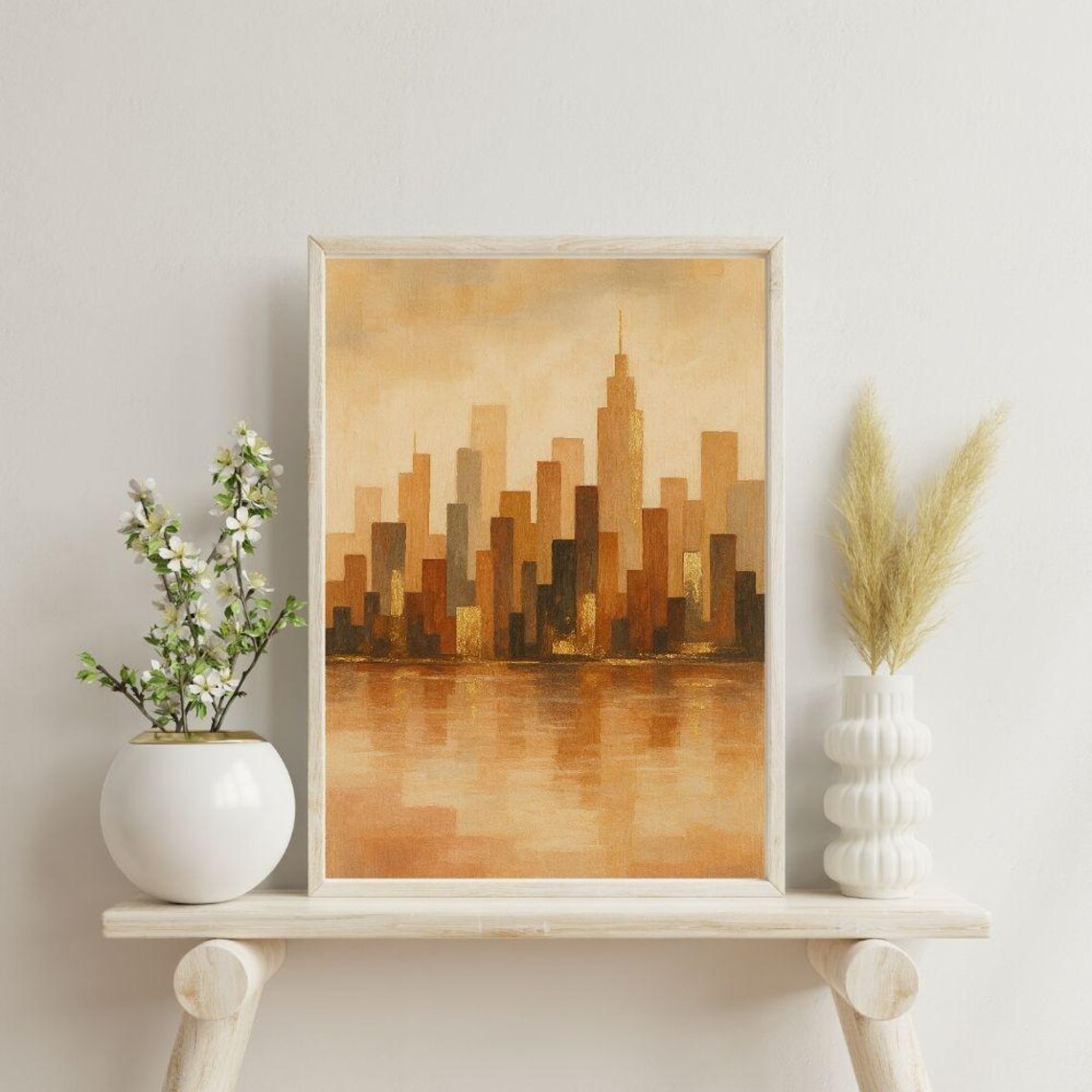 Golden City Skyline Abstract Sunset Urban Reflection Art Print
