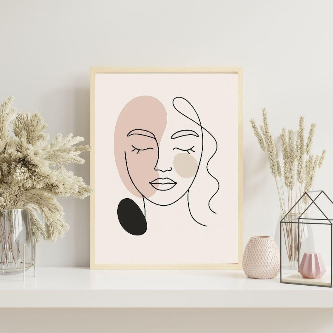 Minimalist Line Art Woman Face Blush Pink Modern Abstract Poster