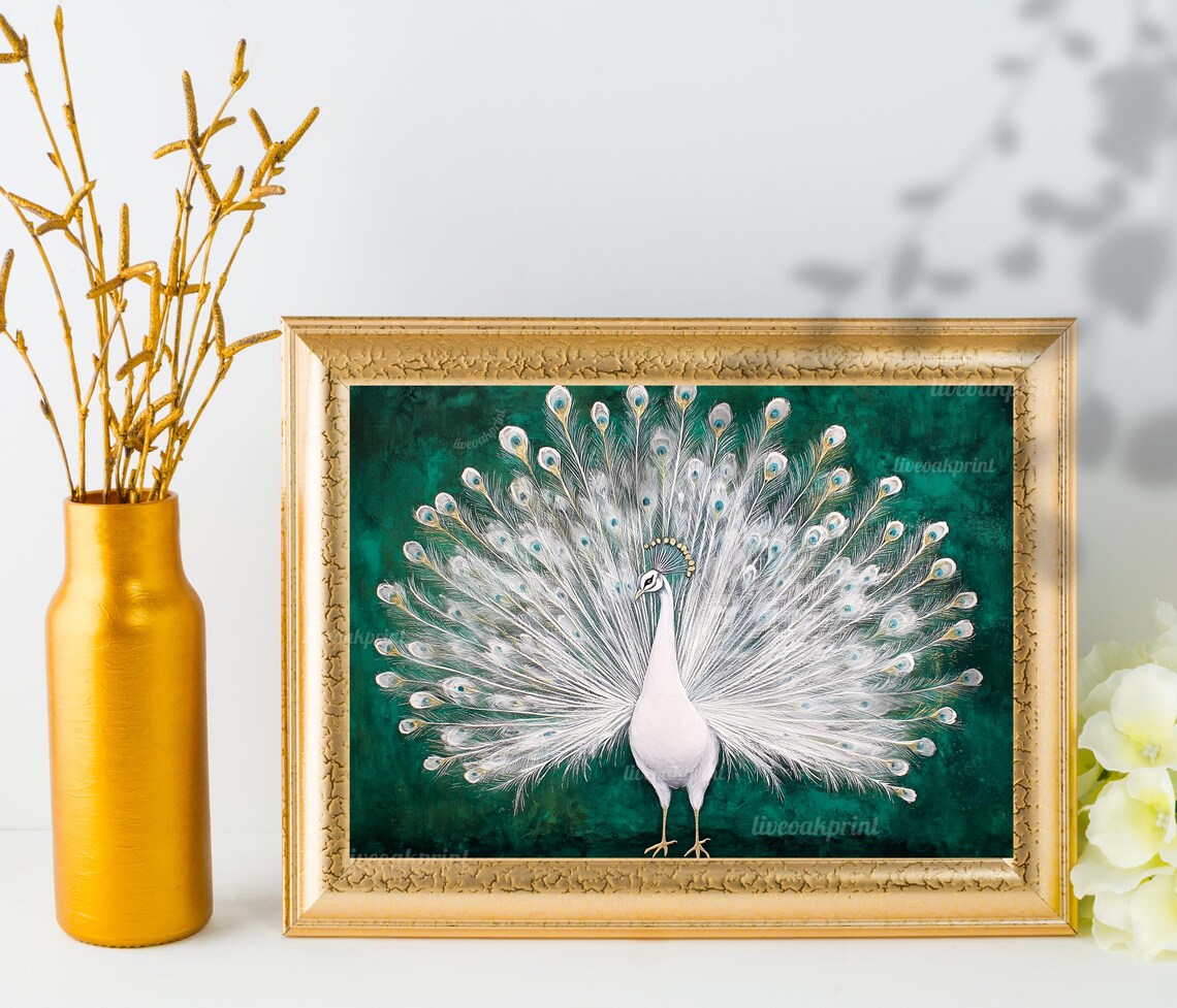 White Peacock, Emerald Green Vintage Art Print - Image 3