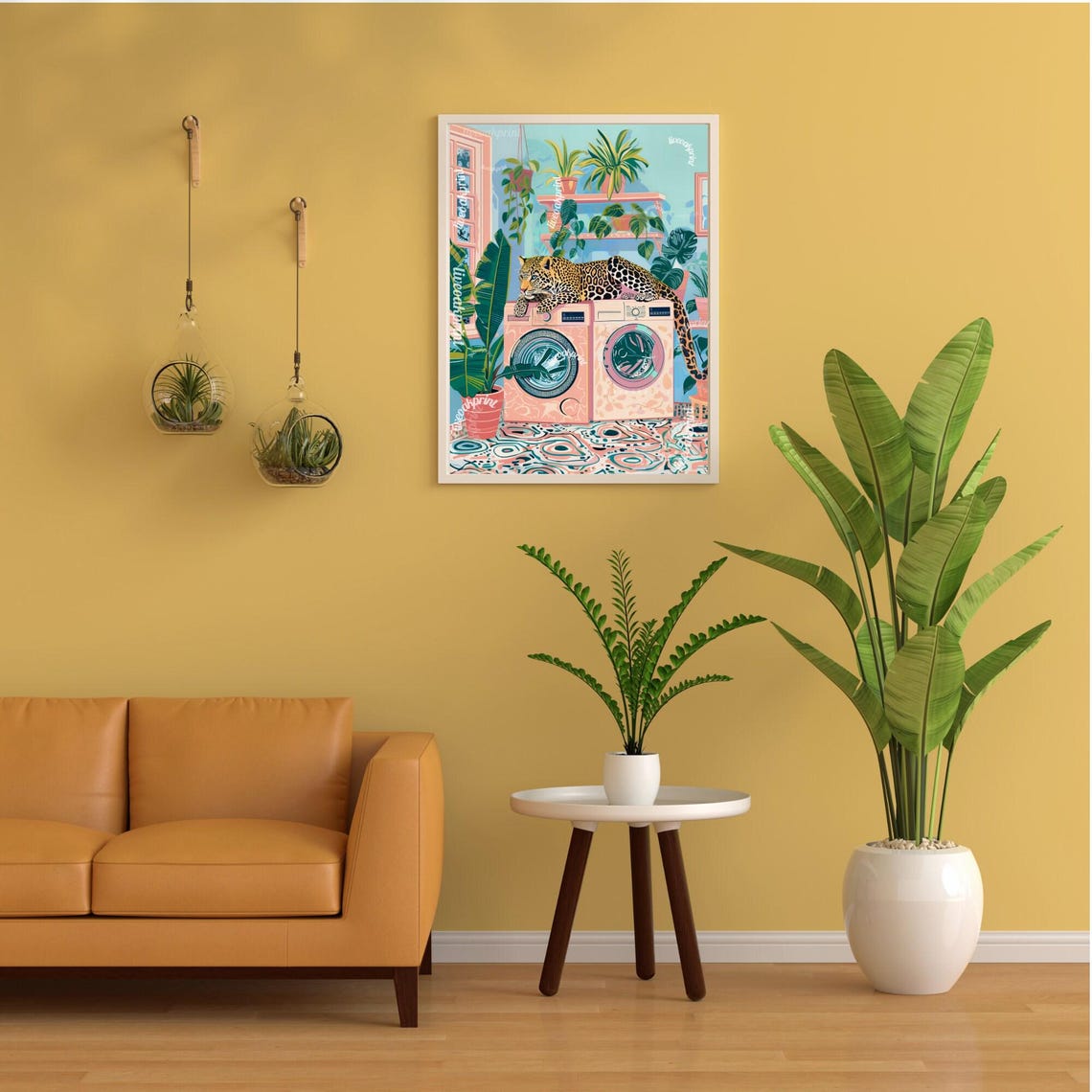 Leopard Lounging On Pink Washing Machines In Botanical Room Poster - Image 2