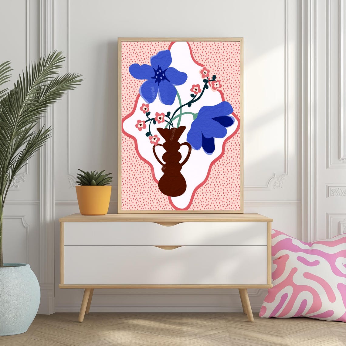 Blue And Pink Folk Art Flowers In Brown Vase On Dotted Pink Poster - Image 2