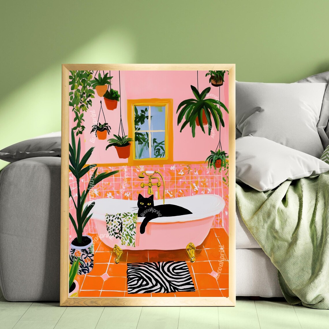 Black Cat In A Bathtub Boho Botanical Art Print