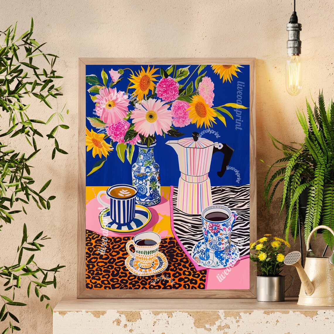 Maximalist Coffee Print, Flowers and Big Cats