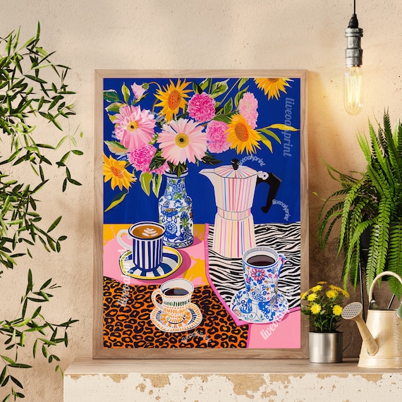 Maximalist Coffee Print, Flowers and Big Cats