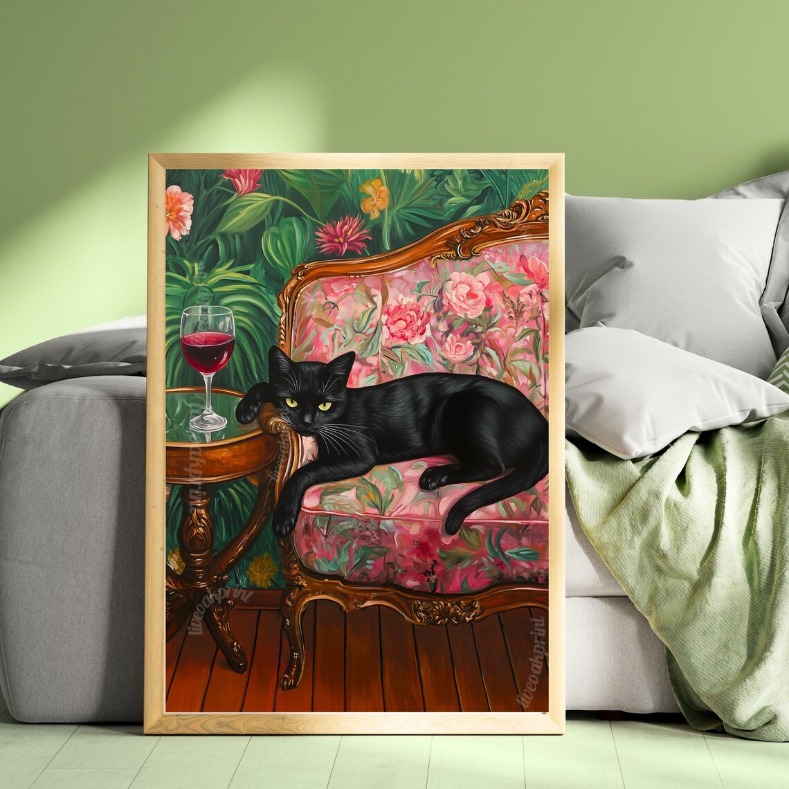Black Cat With Red Wine, Maximalist Cat Art Print - Image 3