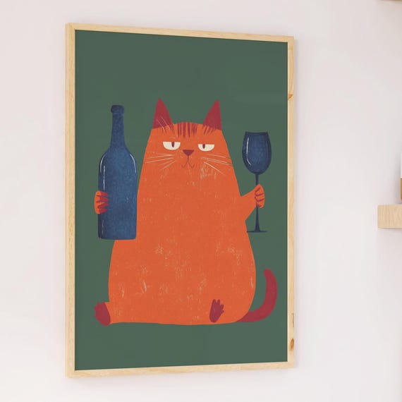 Retro Kitchen Wall Art Funny Cat With Wine Rustic Orangegreen Illustration Decoration Humorous Prints Living Room Hallway Office Pictures