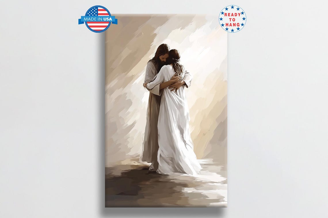 Jesus Embracing Woman In Soft Beige Watercolor Brushwork Poster - Image 7