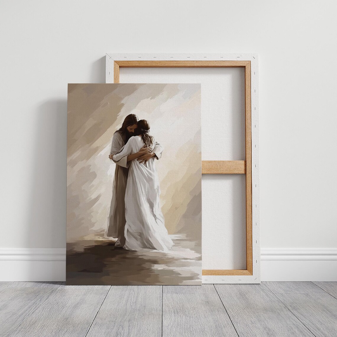 Jesus Embracing Woman In Soft Beige Watercolor Brushwork Poster - Image 6