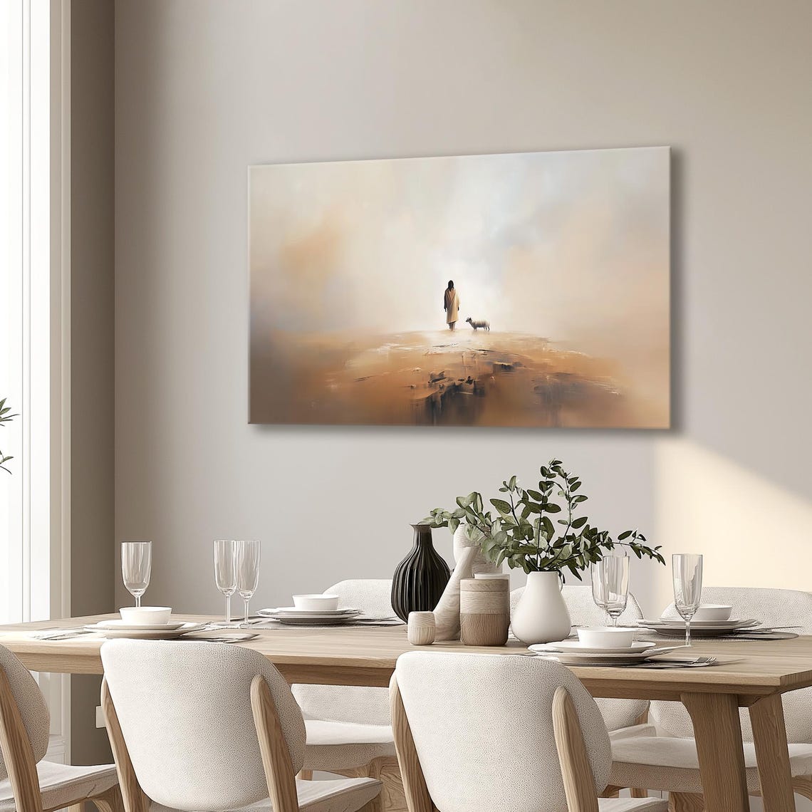 Shepherd And Lamb On Cliff Edge In Golden Fog Minimalist Poster - Image 2