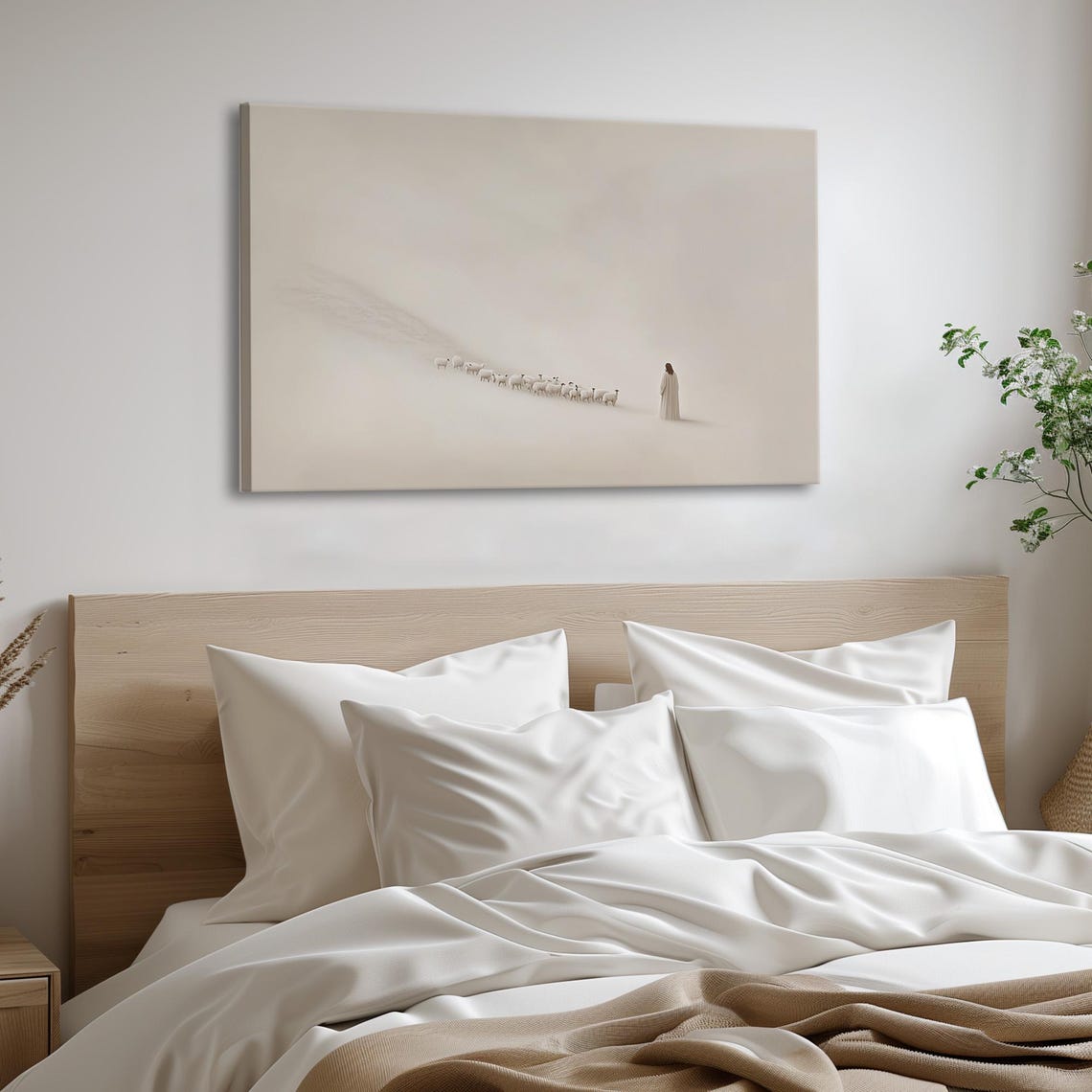Good Shepherd Leading Tiny Flock Across White Expansive Field Poster - Image 6